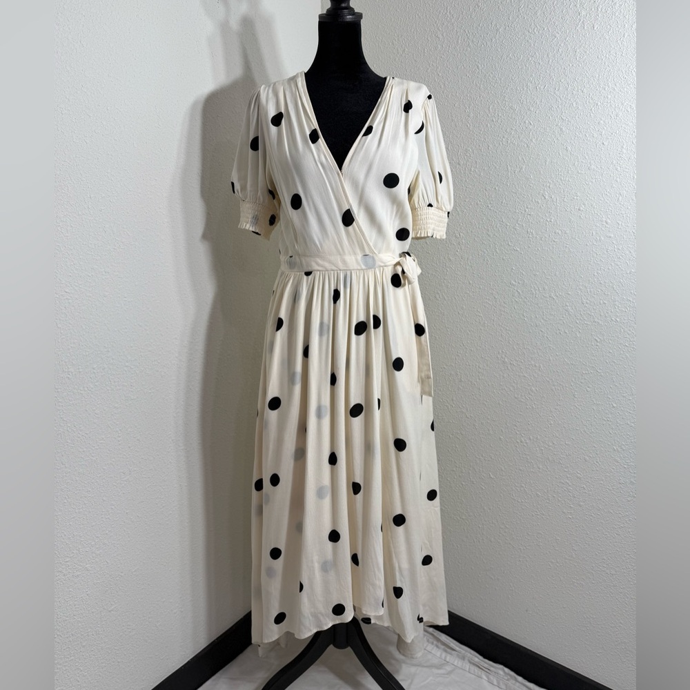 Anthropologie Cream Puff Sleeve Wrap Midi Dress NWOT